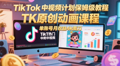 TikTok中视频计划保姆级教程，TK原创动画课程，单账号月收益4k美刀-创客空间