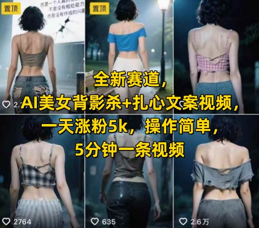 全新赛道，AI美女背影杀+扎心文案视频，一天涨粉5k，操作简单，5分钟一条视频-创客空间