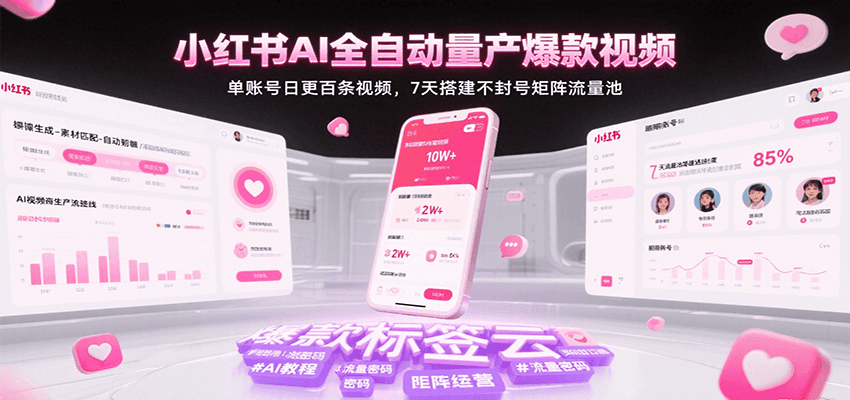 小红书AI全自动量产爆款视频，单账号日更百条视频，7天搭建不封号矩阵流量池（更新）-创客空间