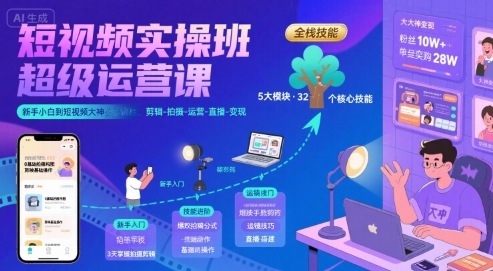 短视频实操班超级运营课，新手小白到短视频大神必修课程，剪辑-拍摄-运营-直播-变现-创客空间