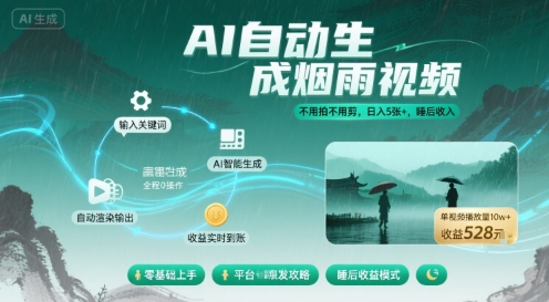 不用拍不用剪！AI自动生成烟雨视频，日入5张+，睡后收入-创客空间
