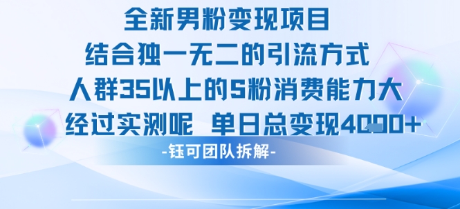 全新男粉变现项目引流人群35以上的男粉消费能力大 经过实测单日变现1k+-创客空间