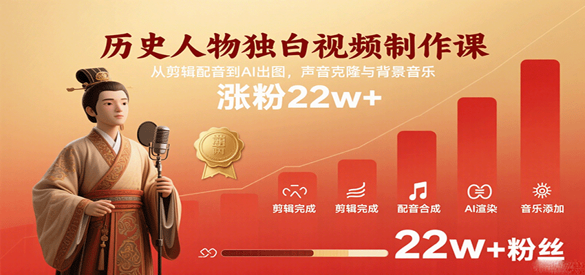 历史人物独白视频制作课，从剪辑配音到AI出图，声音克隆与背景音乐，涨粉22w+-创客空间