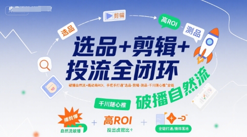 选品+剪辑+投流全闭环，破播自然流+撬动高ROI，手把手打通“选品-剪辑-测品-千川随心推”全链-创客空间